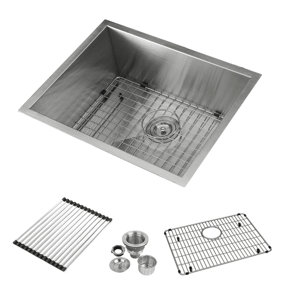 KBFmore 23 Inch Single Bowl Stainless Steel Handmade Kitchen Sink with 4 Pieces Sink Accessories
