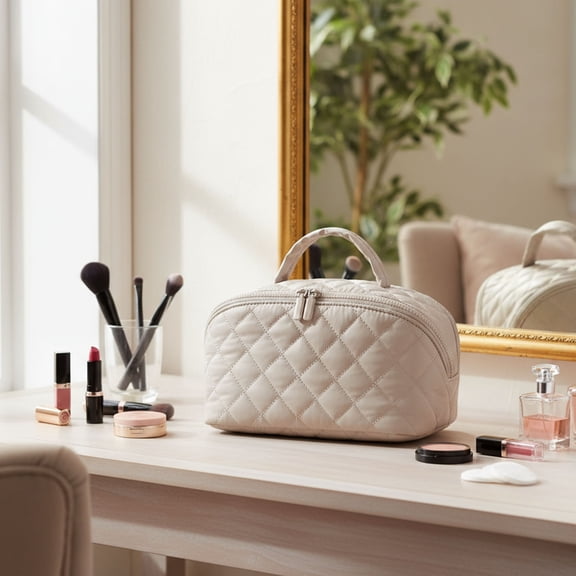Open Flat Neutral Minimalist Large Capacity Handheld Makeup Bag Polyester Cosmetic Organizer for Makeup Brush Storage Premium Travel Toiletry Pouch for Women (Khaki)