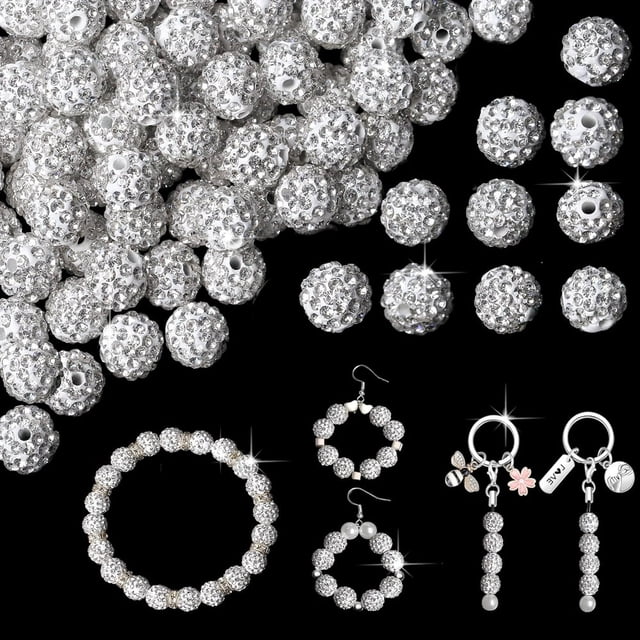 EIGTHTAIL 100PCS 10mm Rhinestone Beads for Jewelry Making Light Blue Sparkle Crystal Clay Beads for Crafting Shamballa Beads Bulk Disco Ball Beads for Pens Bracelets Earring Baseball Ne