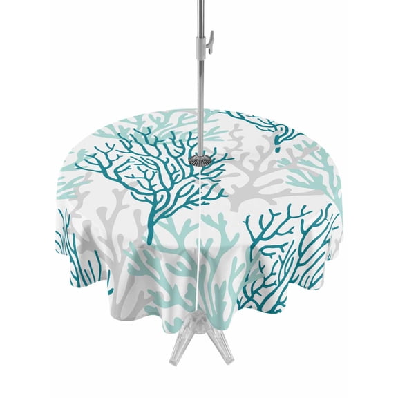 Outdoor Table Cloth with Umbrella Hole and Zipper, Teal Grey Coral Coastal Waterproof Round Tablecloth 54 Inch, Summer Beach Seaside Nautical Washable Table Cover for Outside Party Patio Picnic