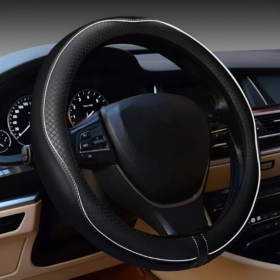 RIONIMA Car Steering Wheel Cover,Anti-Slip,Safety,Soft,Breathable,Heavy Duty,Thick,Full Surround,Sports Style (Black with White Line)