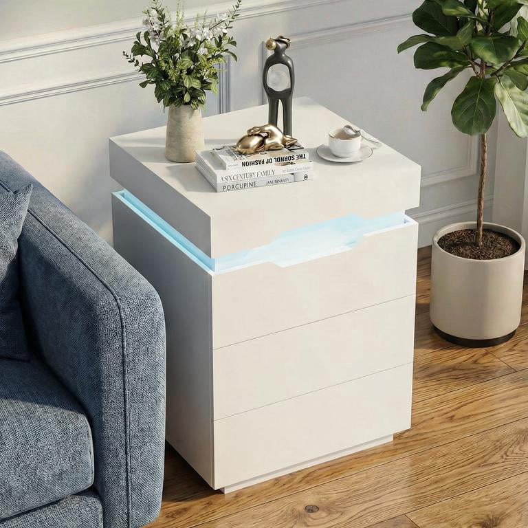 Lacoo Modern End Table with LED Lights & Charging Station, White Nightstand with 3 Drawers & Upper Storage for Living Room Bedroom, 3 Drawer