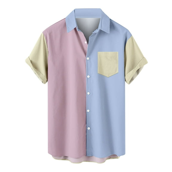 Miluxas Polo Shirts for Men Clearance Men Casual Non-positioning Printing Buttons Beach Turndown Short Sleeve Shirt Blouse Pink 6(XL)