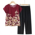 thumbnail image 2 of Mikilon Ensemble Élégant pour Femmes 2 Pcs Coton Lin Costume Deux Pièces Manches Courtes Col Rond Haut Imprimé Pantalon Ensemble Rouge-B 2TG, 2 of 3