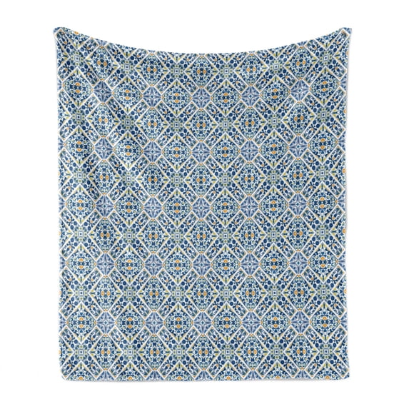 Ethnic Soft Flannel Fleece Blanket, Portuguese Azulejo Tiles Floral European Medieval Style Mosaic Moroccan Retro Effect, Cozy Plush for Indoor and Outdoor Use, 50" x 60", Multicolor, by Ambesonne