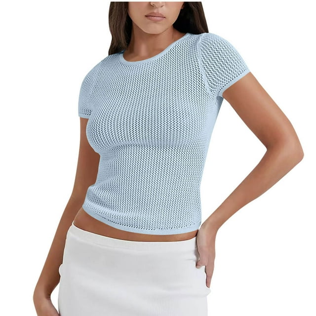 Plebaso Hauts Courts en Maille pour Femmes à Manches Courtes, Chandails Ajourés, Tricotés, Col Ras du Cou, Chandails à Enfiler, T-Shirts