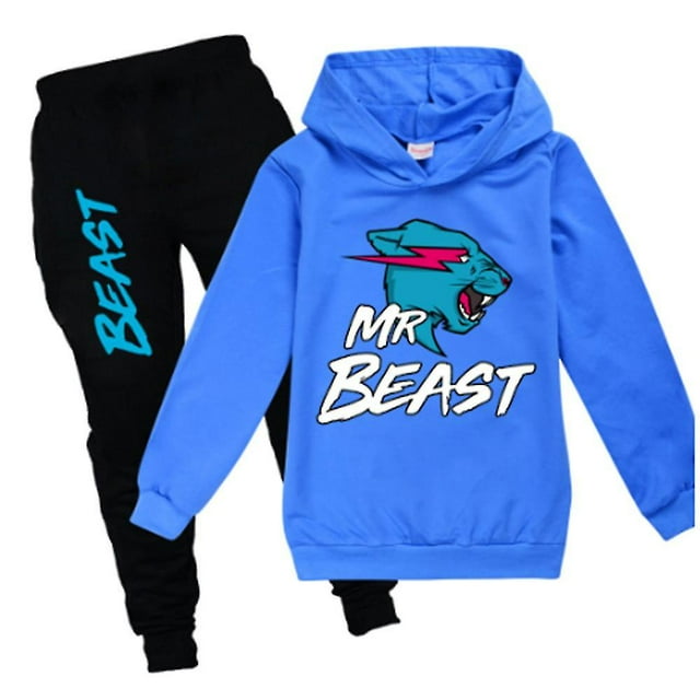 Conjunto de chándal con estampado de Mr Beast Lightning Cat para niños, Sudadera con capucha informal, Tops, pantalones, traje, ropa deportiva para edades de 7 a 14 años,Azul oscuro,7-8 años