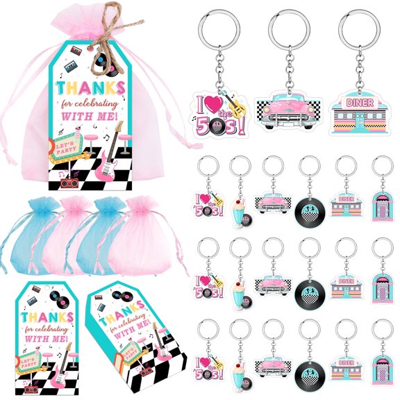 50's Party Decorations 50s Theme Thank You Tags with String I Love the 50's Keychains Gift Bags 1950's Rock and Roll Party Favors for 50's Theme Music Party Birthday Party Supplies