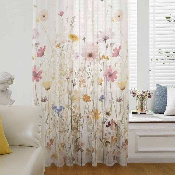 Spring Floral Semi Sheer Curtains Drapes for Living Room,Bedroom,French Doors Window 108 Inches Long,Pastoral Botanical Summer Flowers Vintage Rod Pocket Chiffon Curtain Drapery Voile Drape Panel