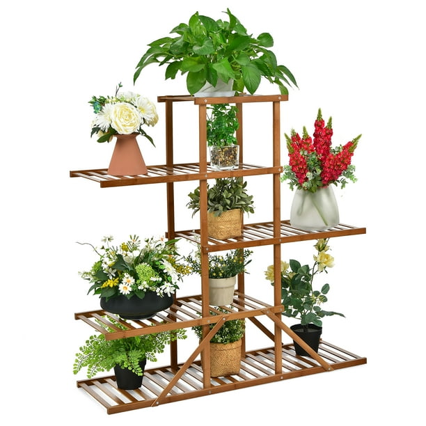 Costway Bamboo Plant Stand 5 tier 10 Potted Plant Shelf Display Holder ...