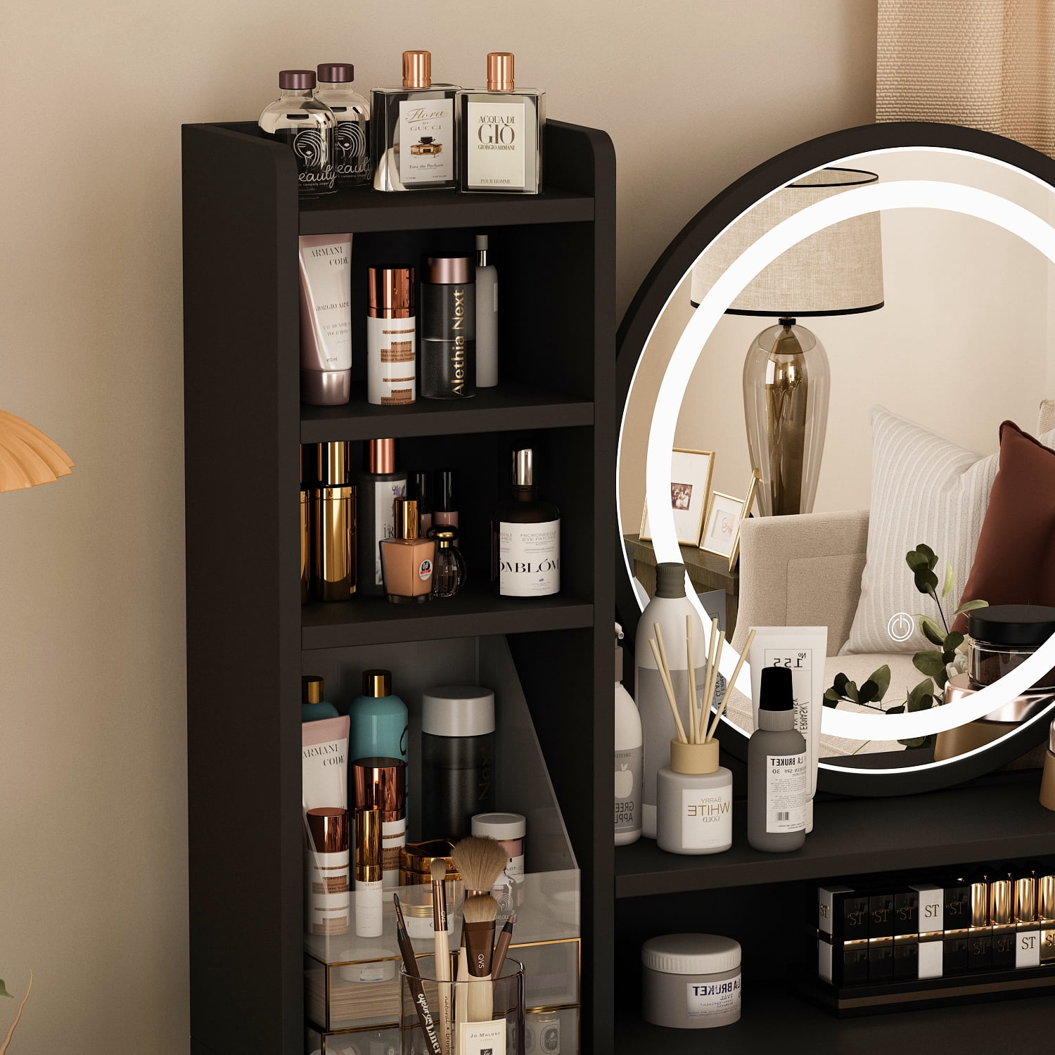 KULAGAGA Vanity Table with Light Round Mirror, Makeup Drssing Desk with Drawers for Bedroom Black