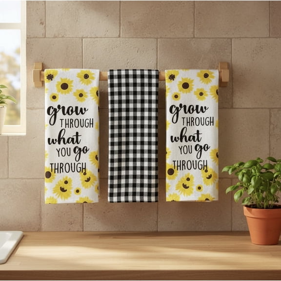 Serafina Home Fun Novelty Kitchen Towels Set: Grow Through What You Go Through Print on Flat Weave Cotton with Easy Hang Fabric Loops 3 pc., (Sunflower Grow)