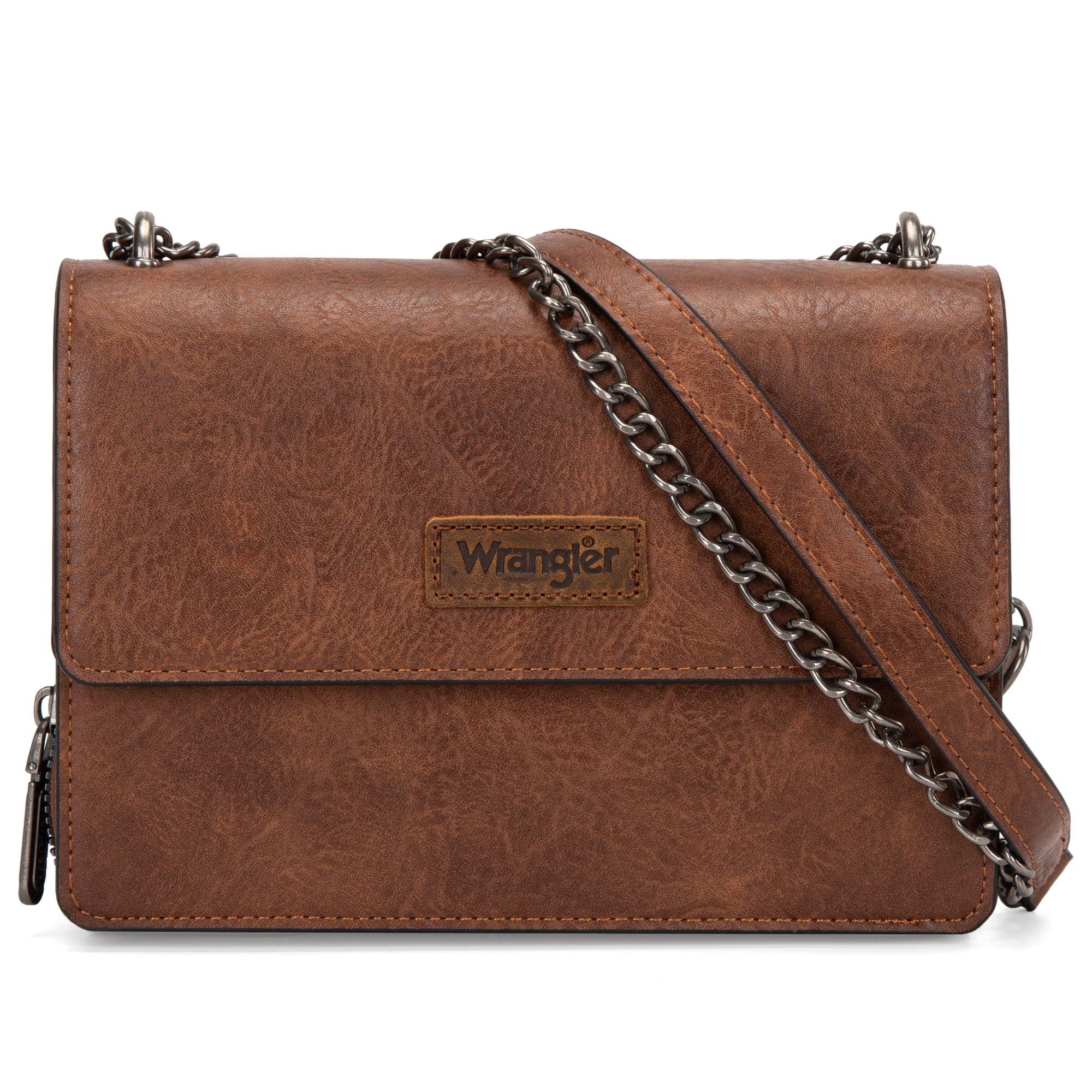 Wrangler Flap CrossBody Purse for Women Small Shoulder Bag with Chain Strap, Dark Brown