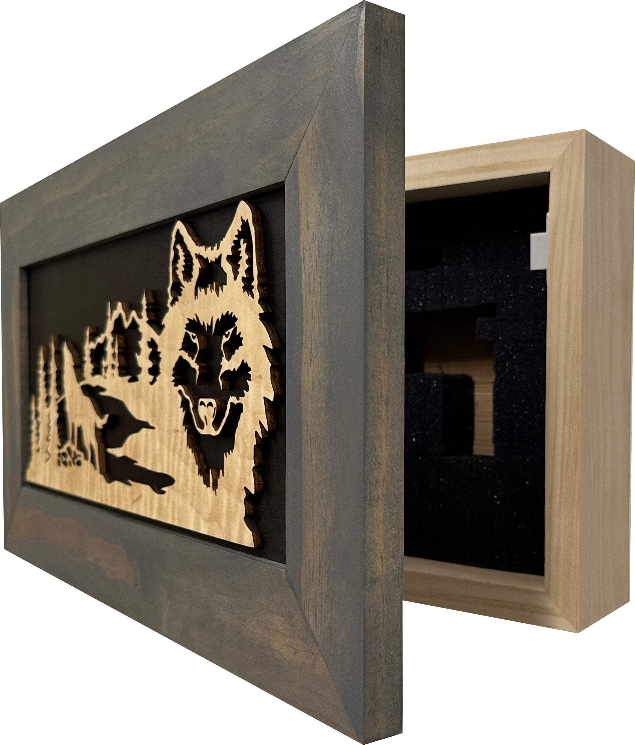 Wolf Wall Decor Gun Safe for Secure and Quick Access Pistol Storage Concealment Furniture Holds Multiple Handguns