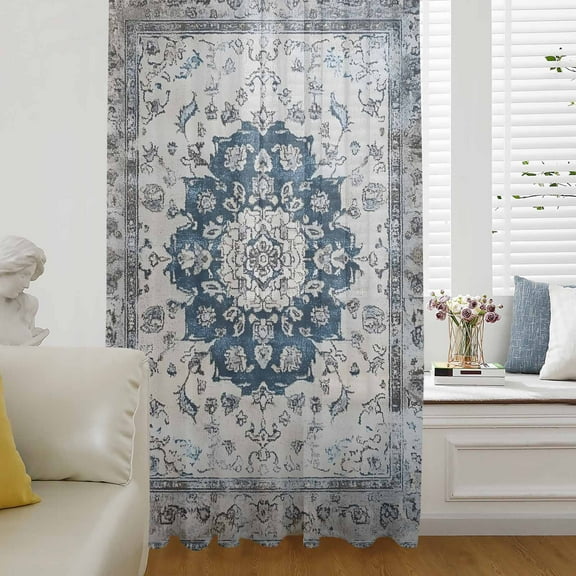Vintage Boho Semi Sheer Curtains Drapes for Living Room, Bedroom, French Doors Window 72 Inches Long, Retro National Flower Textured Blue Rod Pocket Chiffon Curtain Drapery Voile Draperies Panel