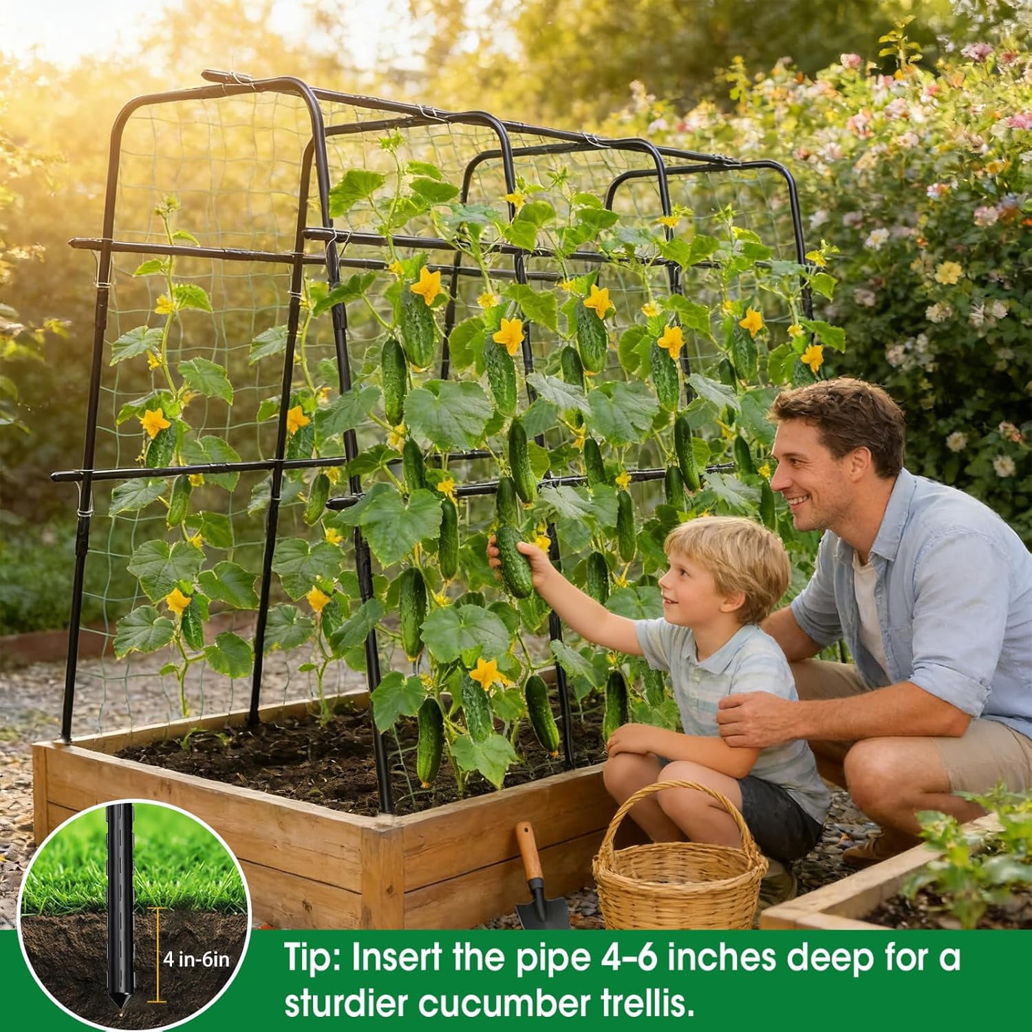 MQHUAYU 4-Arc Cucumber Trellis for Climbing Plants, 47" x 63" ULarge Garden Support with Steel Wire Clips, Rust-Proof Powder-Coated Frame for Cucumbers, Peas, Tomatoes, Beans (Black)