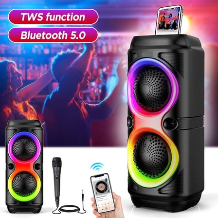 PEPWELL Portable Karaoke Bluetooth Speaker - Dual 4-inch Drivers, 7 RGB Lights, Bluetooth 5.0, TWS Stereo, USB/TF/FM Playback, Built-in Handle & Mic for Indoor/Outdoor Parties