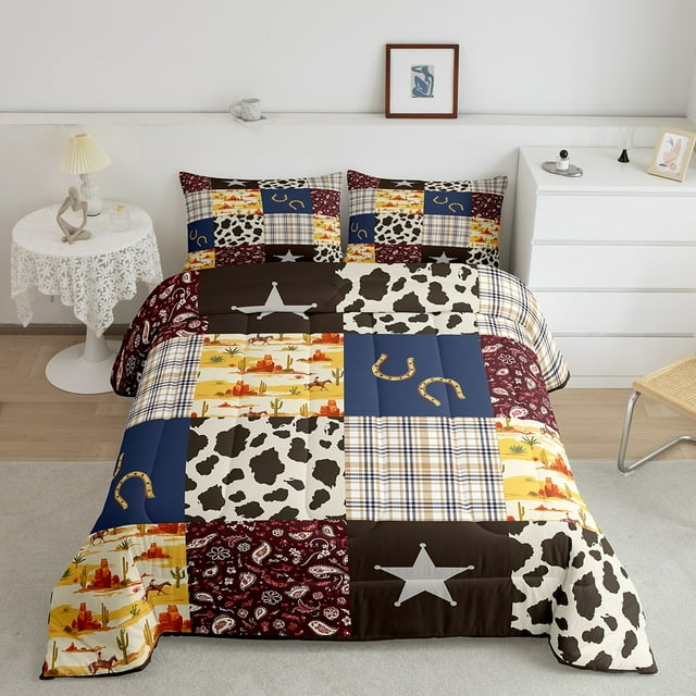 Erosebridal Western Cowboy Bedding Full Comforter Set, Cow Print Down Comforter, Rustic Patchwork Decor, 3 Pieces