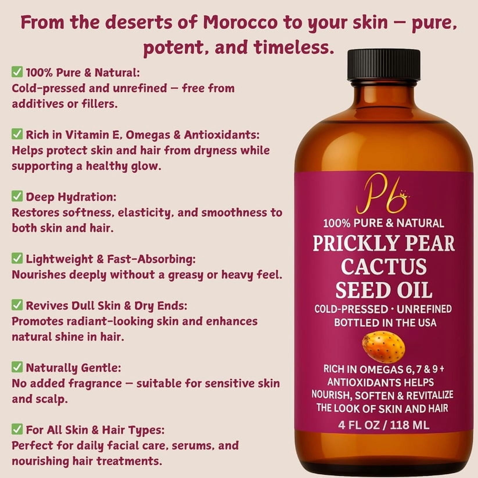 Pomberries Prickly Pear Seed Oil 4 fl oz | 100% Pure Cold-Pressed & Unrefined Prickly Pear Oil for Face, Skin & Hair – Lightweight, Radiance-Enhancing Oil in Glass Bottle