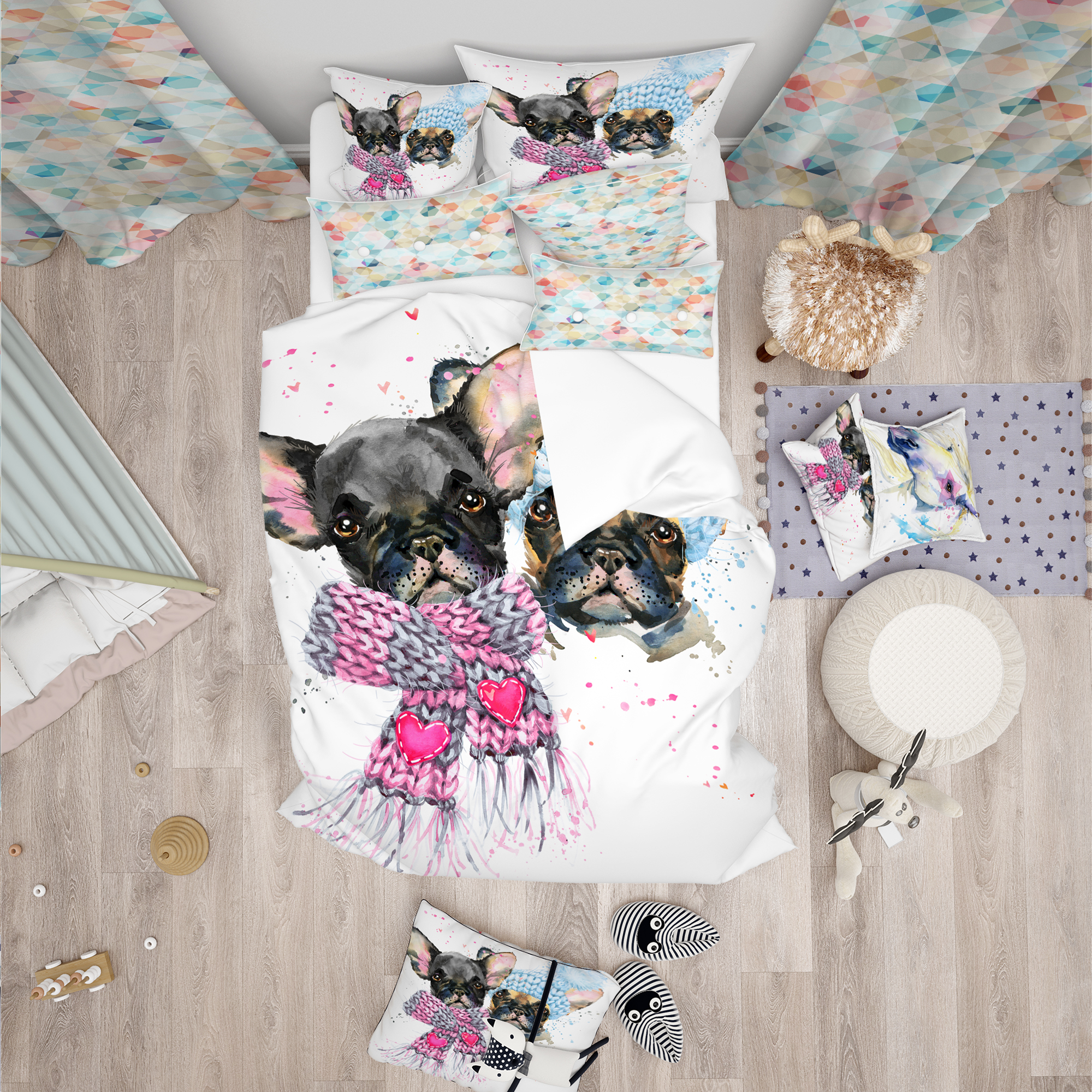 Designart 'Lovely Puppies with Neck Shawls' Modern & Contemporary Duvet Cover Set