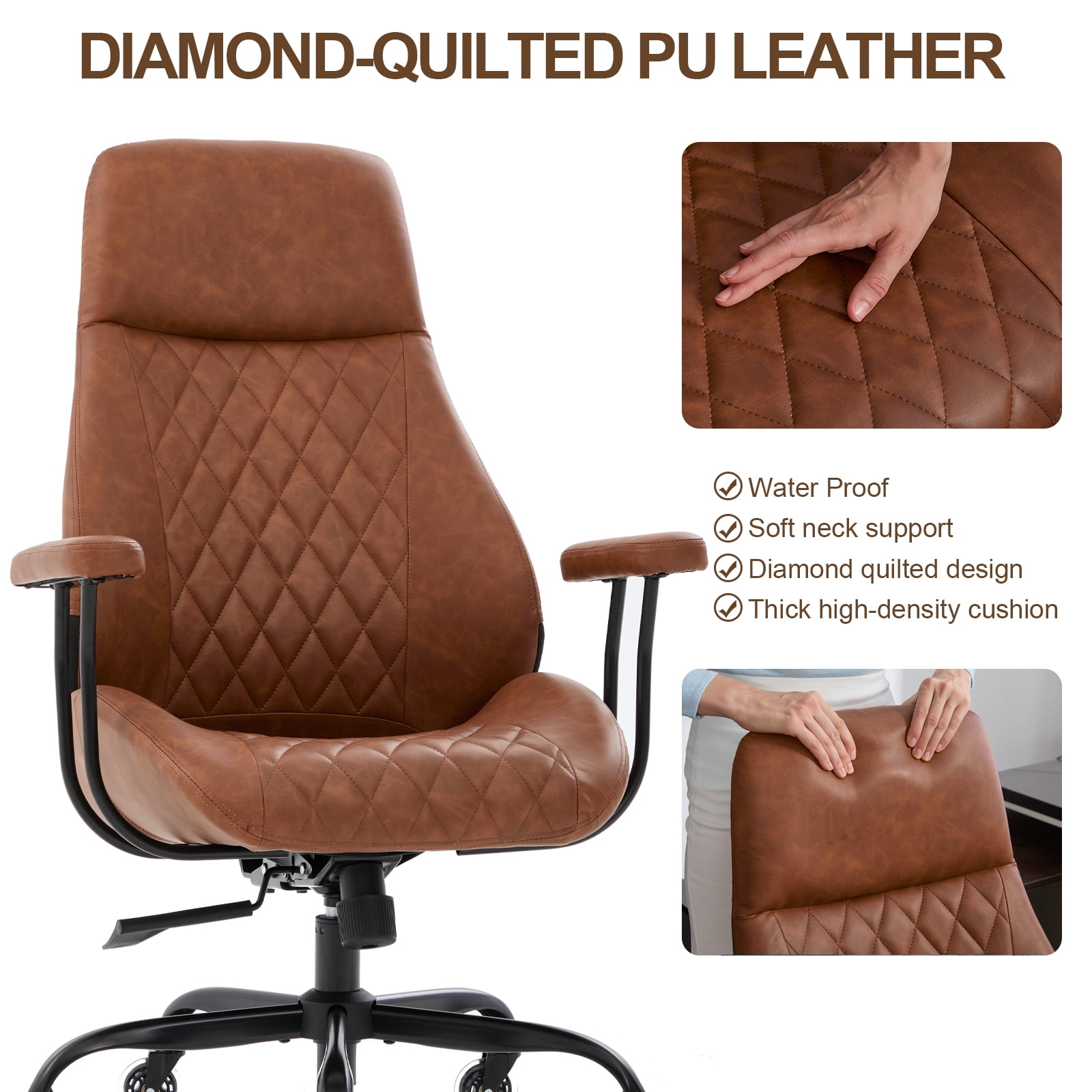 E-Motie Home Office Desk Chair, Ergonomic High Back Leather Computer Chair with Lumbar Support, Adjustable Height & Recline, Swivel Executive Office Chair with Armrests and Rubber Casters, Brown