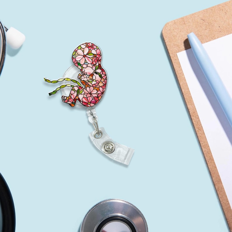 TiniDecor Floral Fetus Badge Reel, Pink Baby ID Holder, Cute Gift for OB Nurses & Doulas
