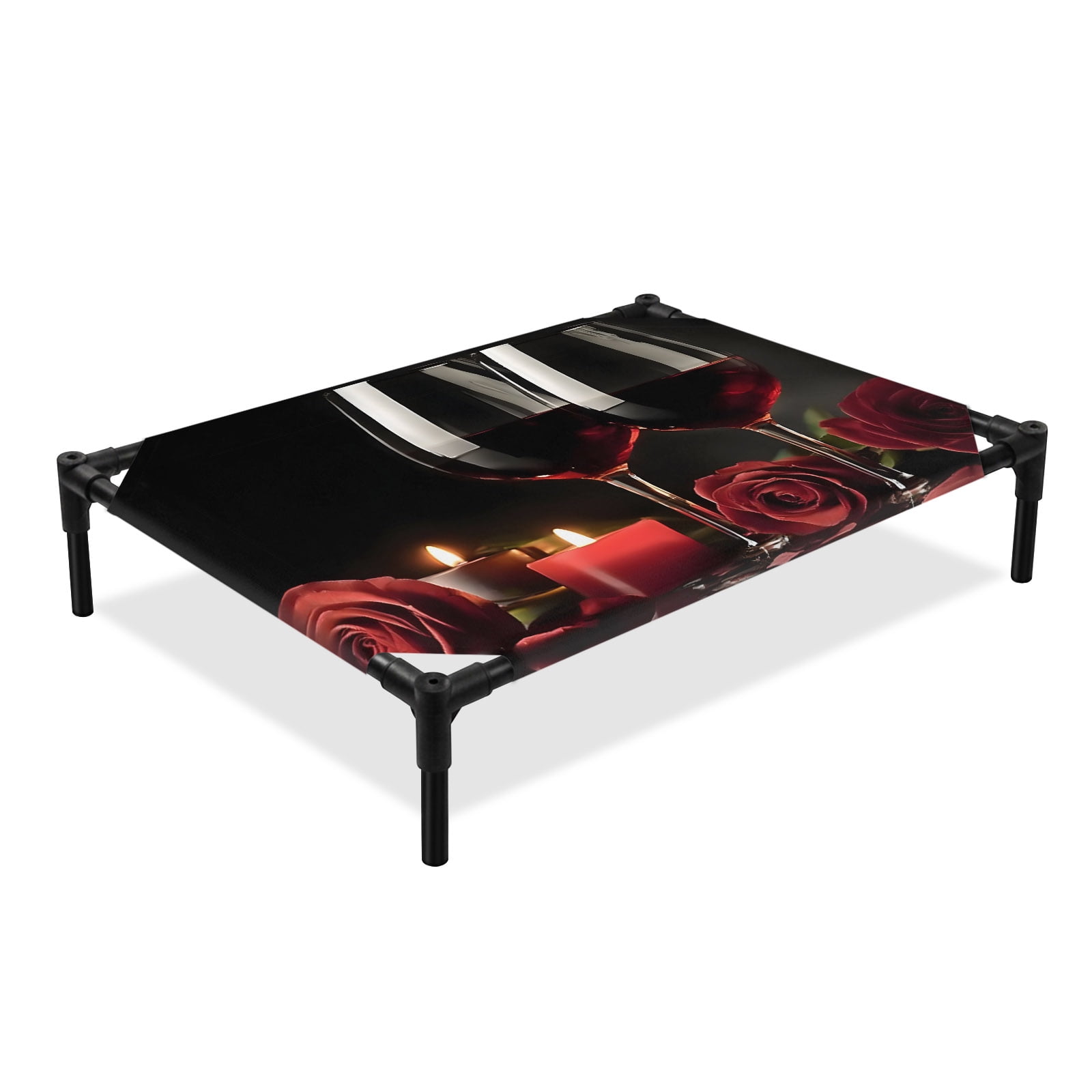 Red Wine Glass Elevated Dog Bed Red Rose Romantic Candle Black Modern Style Cooling Breathable Outdoor Raised Dog Cot Bed with Metal Frame Non-Slip Feet for Large Dog 28x22in