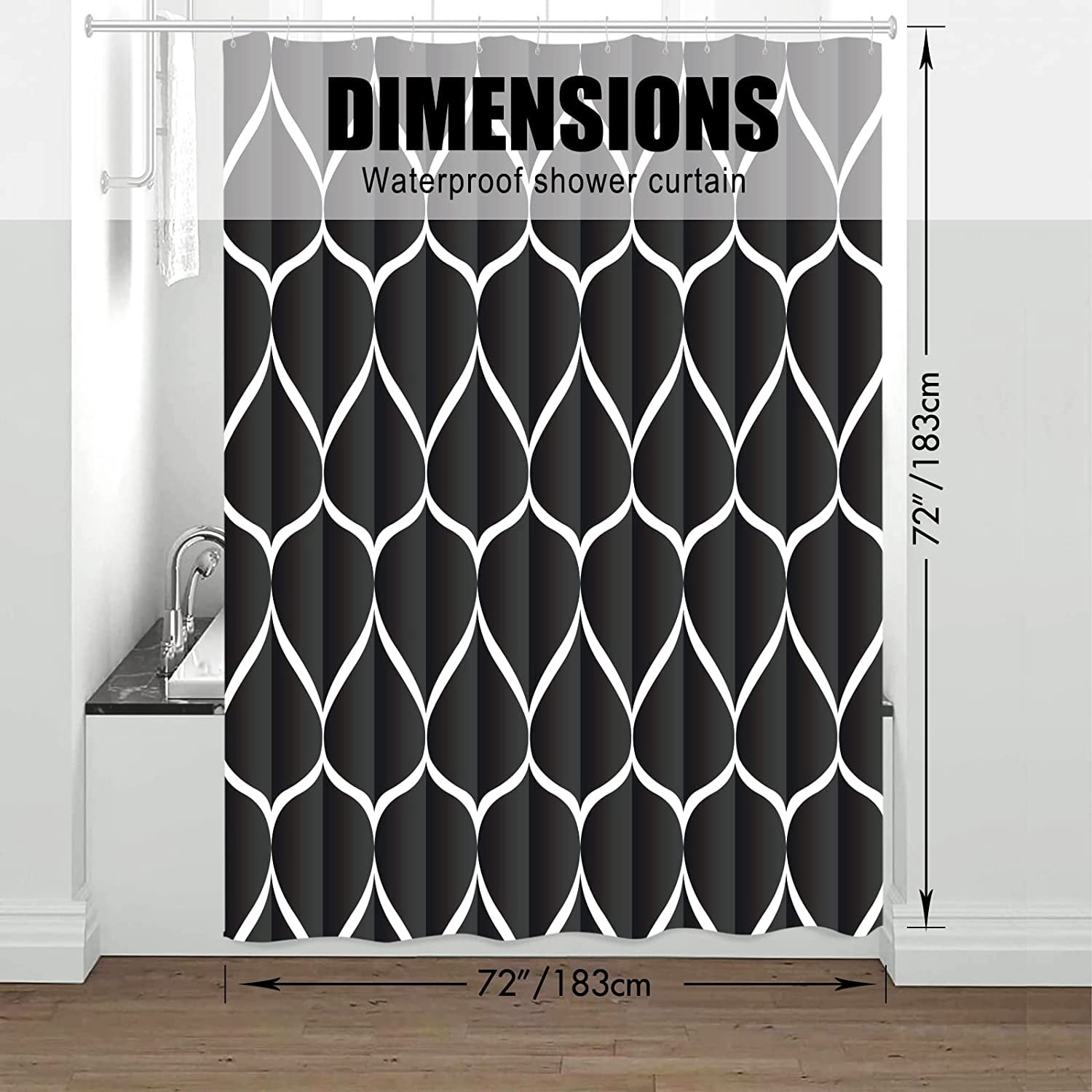 Black Fabric 72 x 72 Inch Cloth Shower Curtain, Waterproof Design and Polyester, Quick-Drying, Heavy Duty Shower Curtains Set for Bathroom, Durable and Washable with 12 Metal Hooks