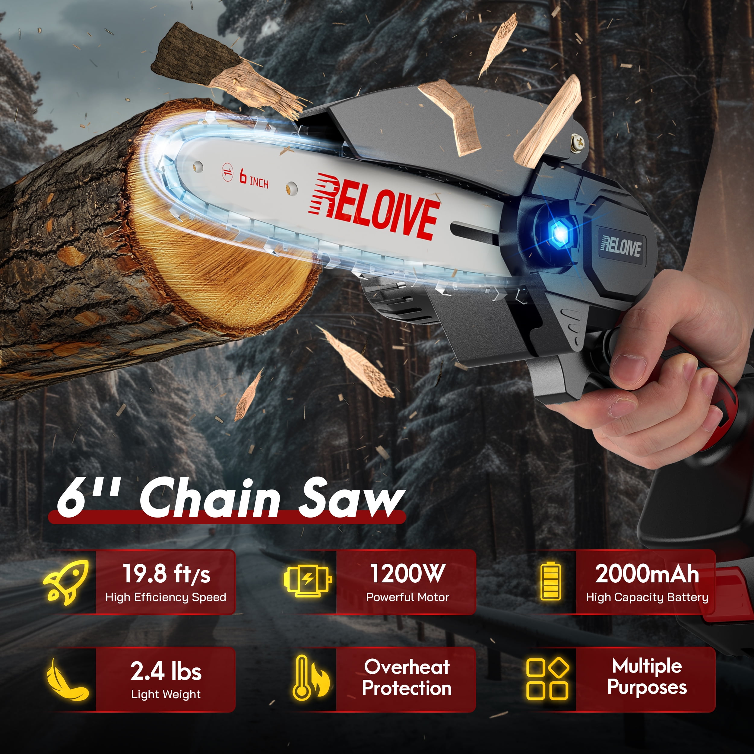 RELOIVE 6 in Mini Chainsaw with 2PCS 2.0 Ah Batteries 3 Chains,Cordless Small Handheld Chain Saw for Wood Cutting Tree Trimming