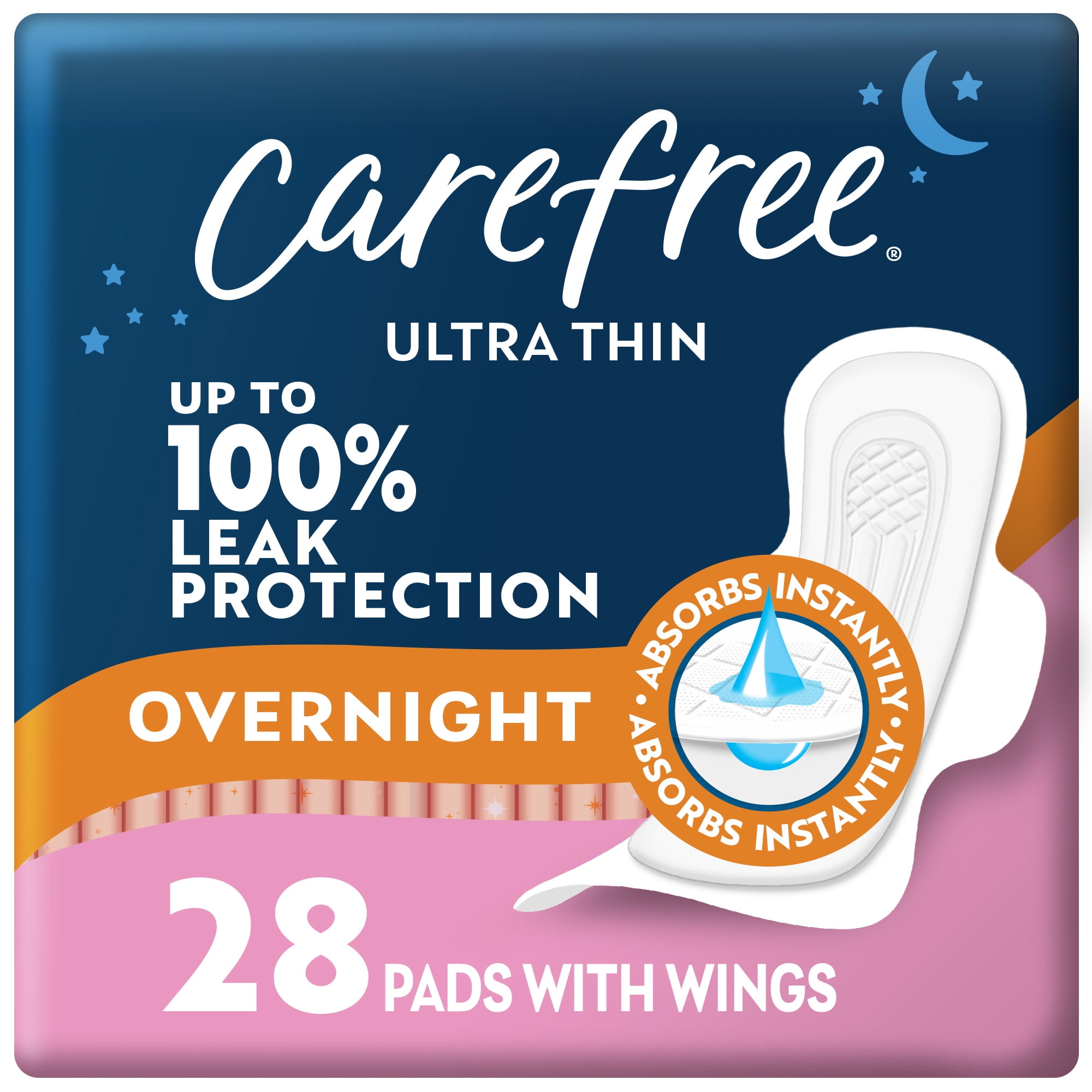 (3 pack) Carefree Ultra Thin Overnight Pads with Wings, 28 Count