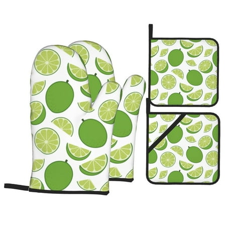 

Oven Mitts and Pot Holders 4 pcs Set Cute Natural Limes Heat Resistant Pot Holders Oven Mitts for kitchen Non-Slip Hanging Loop Oven Glove Potholders for Baking Cooking