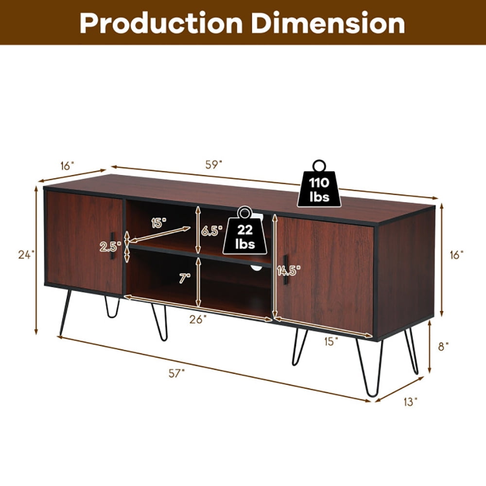Finihen TV Stand, TV Cabinet, 59 Inches Retro Wooden TV Stand for TVs up to 65 Inches, Media Entertainment Center with Storage, for Living Room, Bedroom, Brown