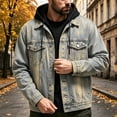 thumbnail image 2 of Jerdar Men's Faux Two Piece Hooded Denim Trucker Jacket Lapel Collar Button Flap Pockets Washed Long Sleeve Loose Fit Vintage Casual Fall Winter Streetwear Jean Outerwear Coat Top, 2 of 5