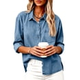 thumbnail image 7 of ASDFVBKG Women Button Down Denim Shirts Casual Long Sleeve V Neck Chambray Blouse Top Royal Blue S, 7 of 7