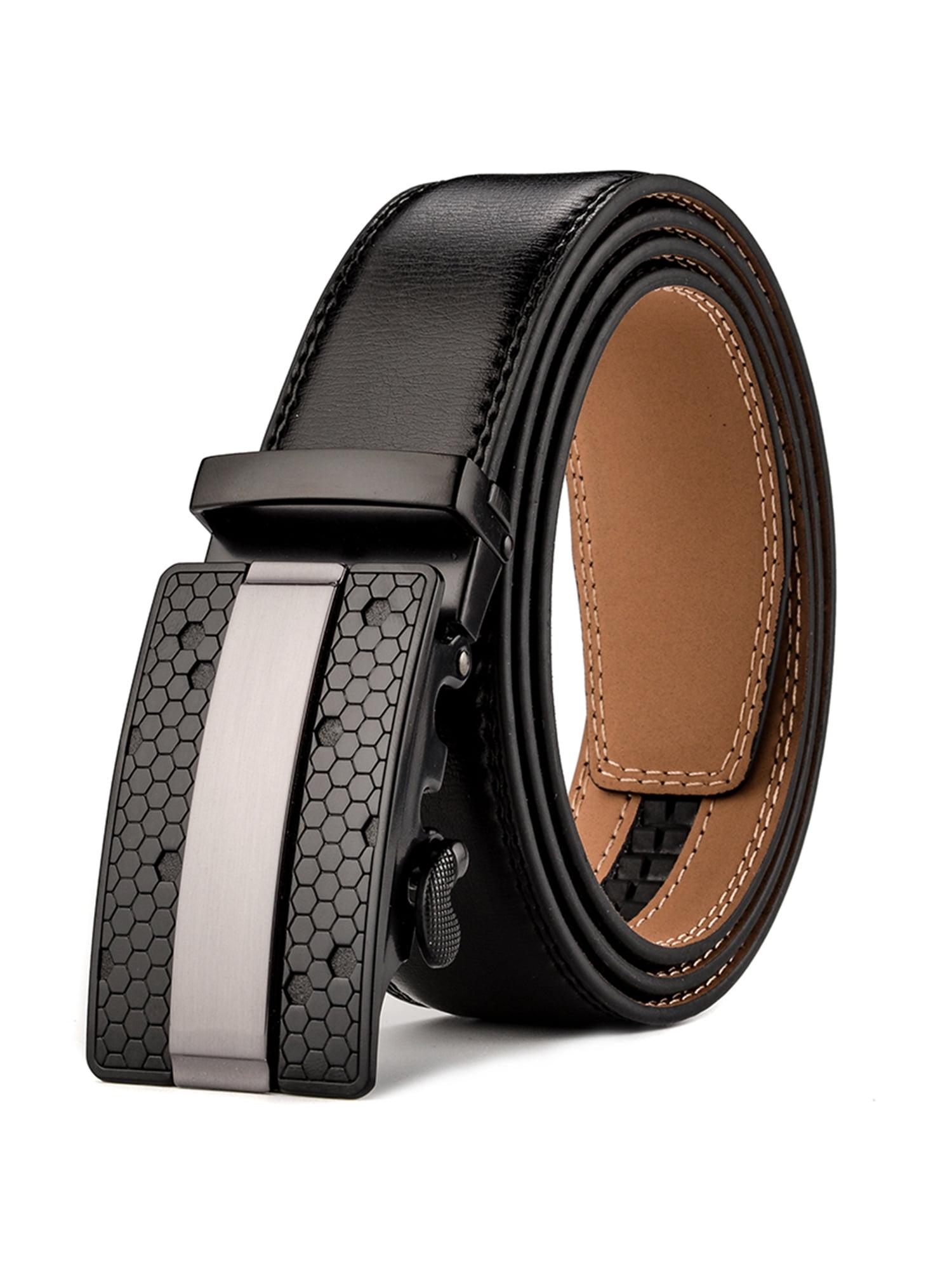 VANNANBA Mens Fashion Leather Belt with Ratchet Automatic Buckle Designer  Belts for Men,with Gift Box(28-34 Waist Adjustable,Black-orange) at   Men's Clothing store