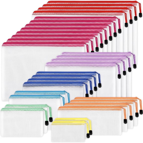 WEAIZYS 30 Pack Mesh Zipper Bags for Organizing, Multiple Sizes Colorful Pouch for Stationery, Travel, Cosmetics, Waterproof PVC Document Bag for Home Office School Supplies