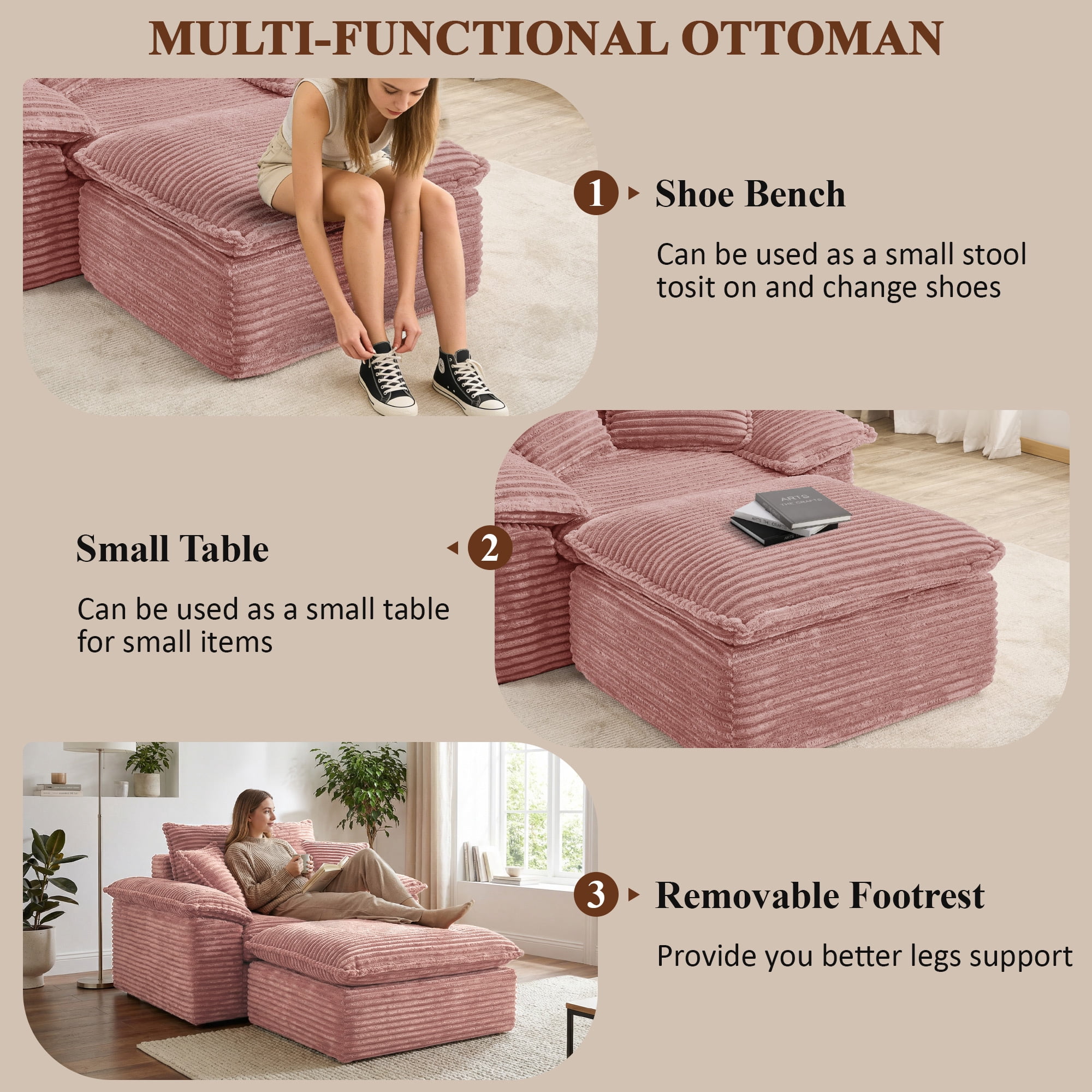 Aukfa 63.5" Oversized Chaise Lounge Sofa with Movable 2-Layer Ottoman, Deep Seat Boneless Couch, Corduroy Lounge Chair, Pink