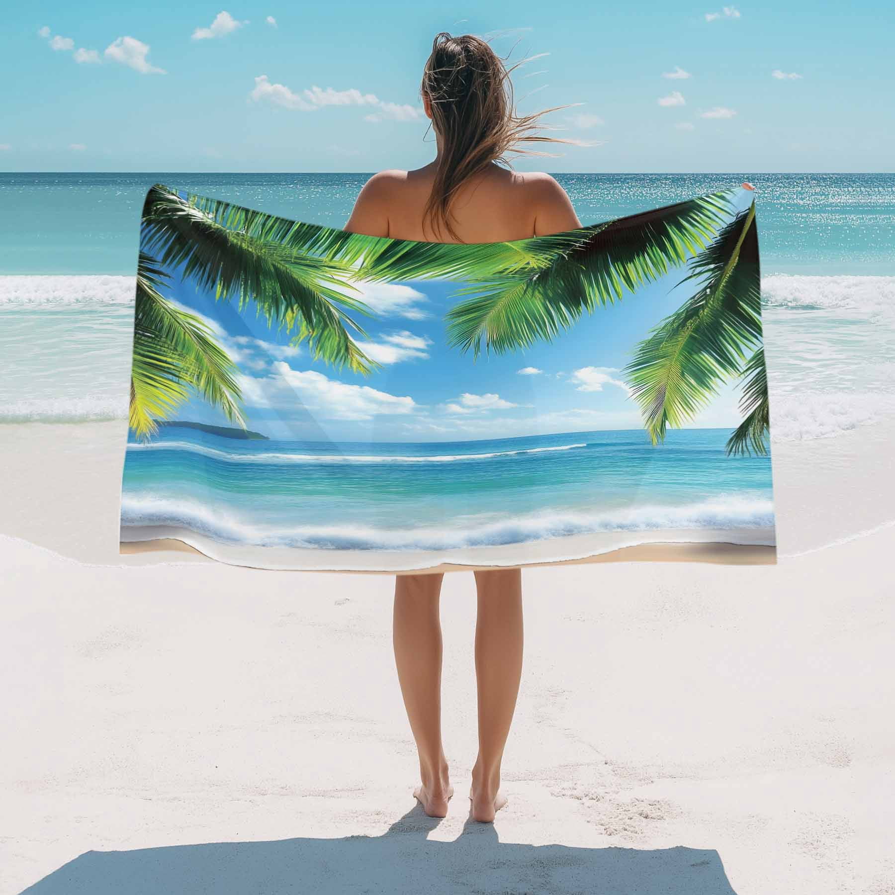 Tropical Summer Beach Towels Blanket Soft&Absorbent Quick Dry Microfiber Beach Ocean Coconut Tree Pool Towels for Swimming ,Yoga, Sports, Gym, Camping,Large 30X60in, Bule Green