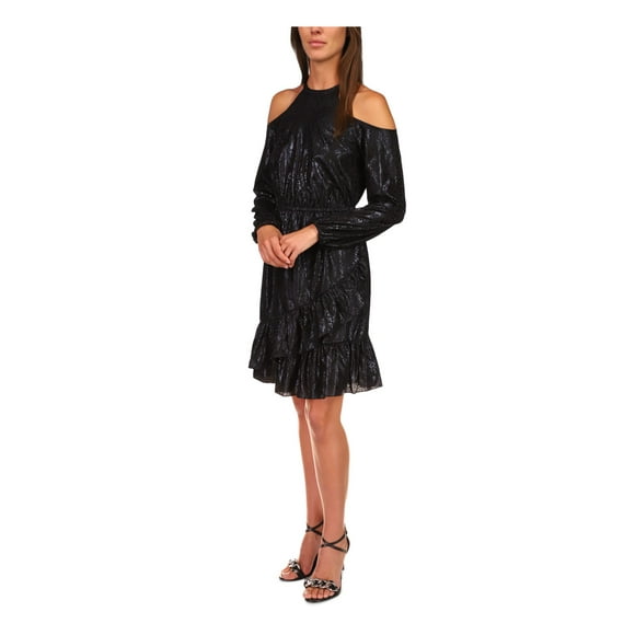MICHAEL MICHAEL KORS Womens Black Cold Shoulder Ruffled Pullover Keyhole Back Animal Print Long Sleeve Crew Neck Above The Knee Party Fit + Flare Dress S