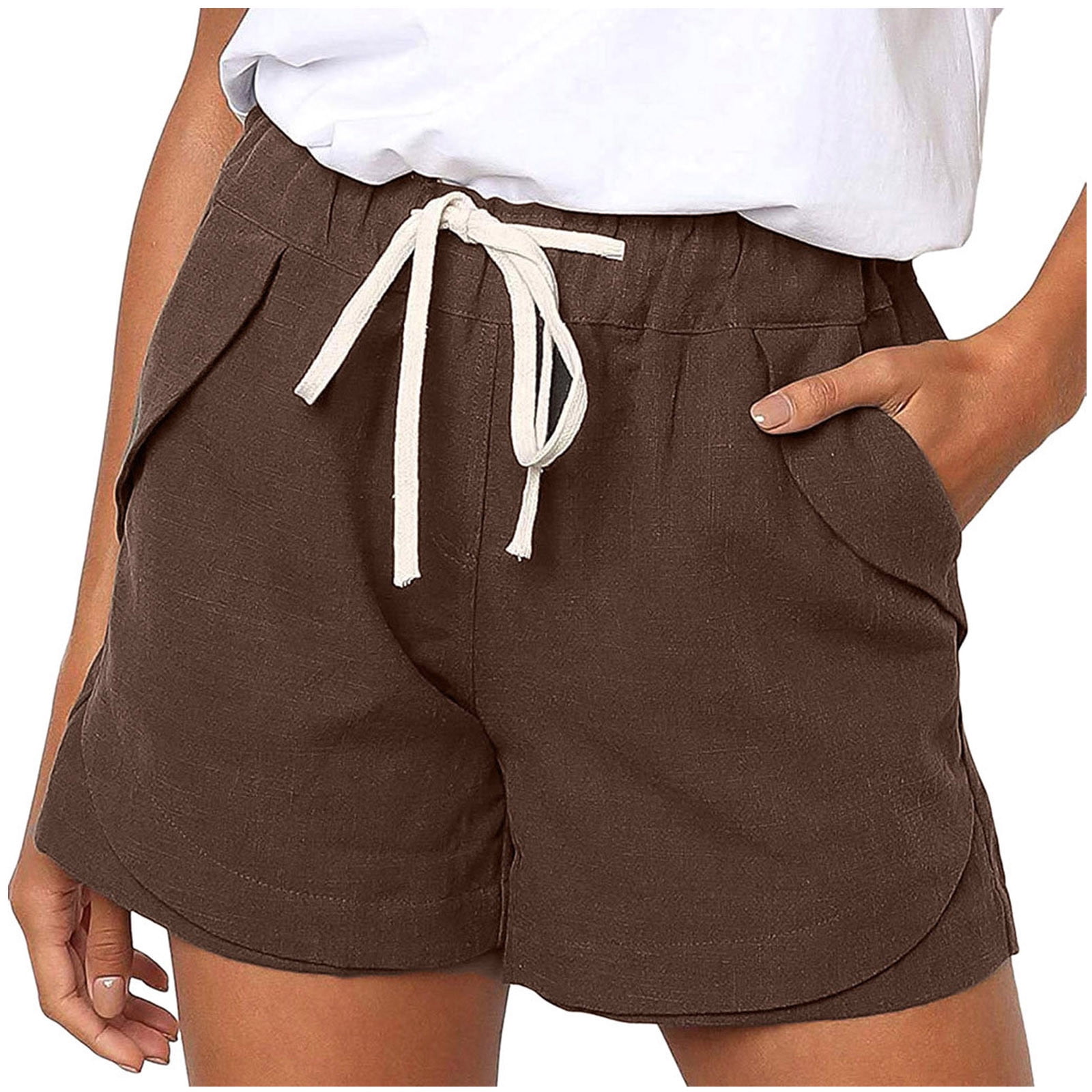 Shorts Plus Size Casual Solid Color Comfy Mid Rise Pants Women Fashion Loose Fit Workout Trendy Womens Pants Bandage Lightweight Party Vacation Beach Shorts with Pocket（Khaki,M） - Walmart.com
