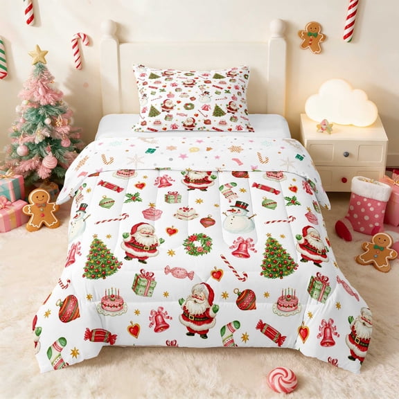 Manfei Santa Twin Comforter Sets Holiday Bedding Set, Purple Pink 2 Pieces 1 Comforter and 1 Pillowcase, Xmas Reversible
