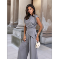 thumbnail image 6 of Women'S Round Neck Pleated Sleeveless Casual Suit,Sleeveless Crewneck Vest Wide Leg Pantsuit Business Sets with Pocket Light Gray L, 6 of 7