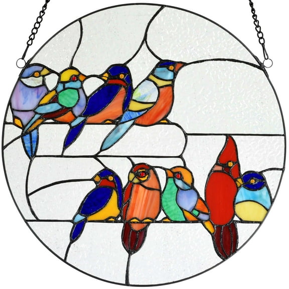 Bieye W10051 Tropical Birds on The Wire Tiffany Style Stained Glass Window Panel with Chain, Round Shape, 16-inch Wide