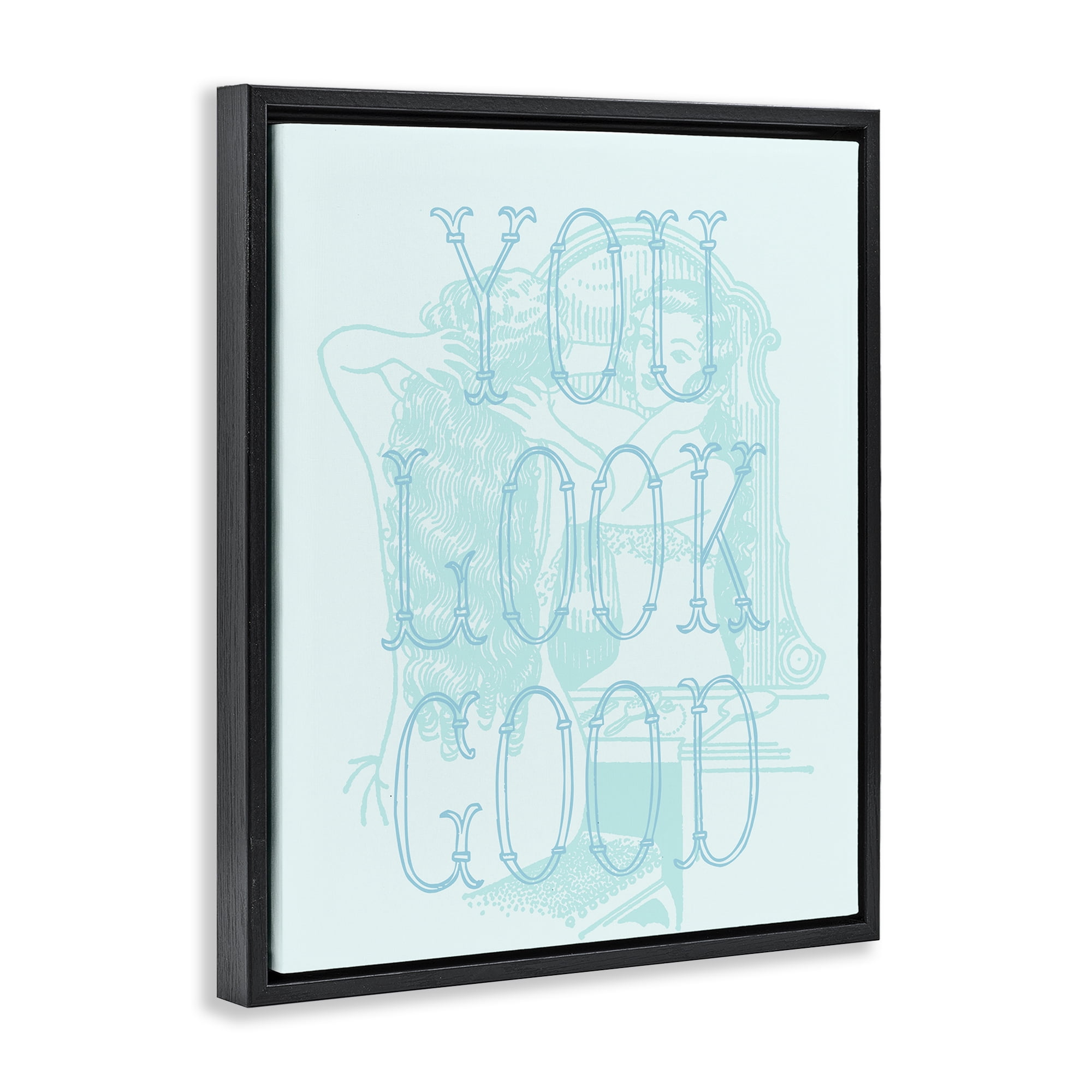 Stupell Industries You Look Good Girl in Mirror People Painting Black Floater Framed Canvas Art Print Wall Art, 17 x 21