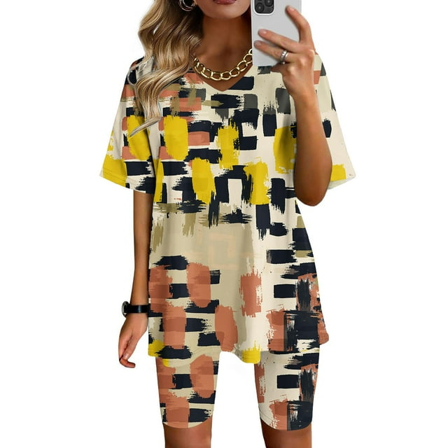 Ensembles d'Entraînement pour Femmes 2 Pcs Mode Blouse Col en V Manches Courtes Hauts Shorts Ensemble Décontracté Ensembles Assortis en Liquidation