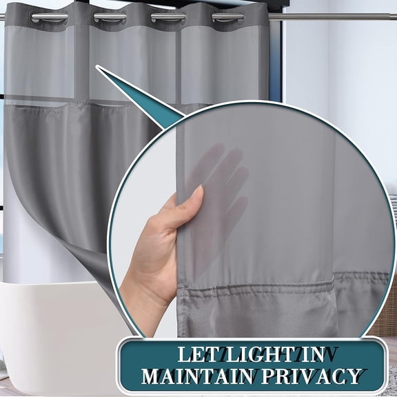 Extra Long No Hook Shower Curtain with Snap in Liner Set, Hotel Luxury Grey Fabric Shower Curtains for Bathroom with See Through Top Window, Washable, Waterproof 71W x 84H