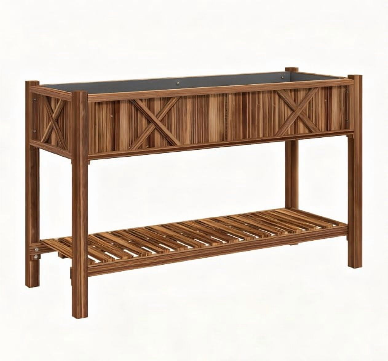 Dual-Tier Raised Garden Bed, Elevated Wood Planter Box with Storage Shelf, Drainage Holes and Liner