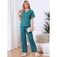 thumbnail image 2 of DARING DIVA Satin Pajamas Silky Short Sleeve V Neck Shirt Long Pant Set M Peacock Green, 2 of 7