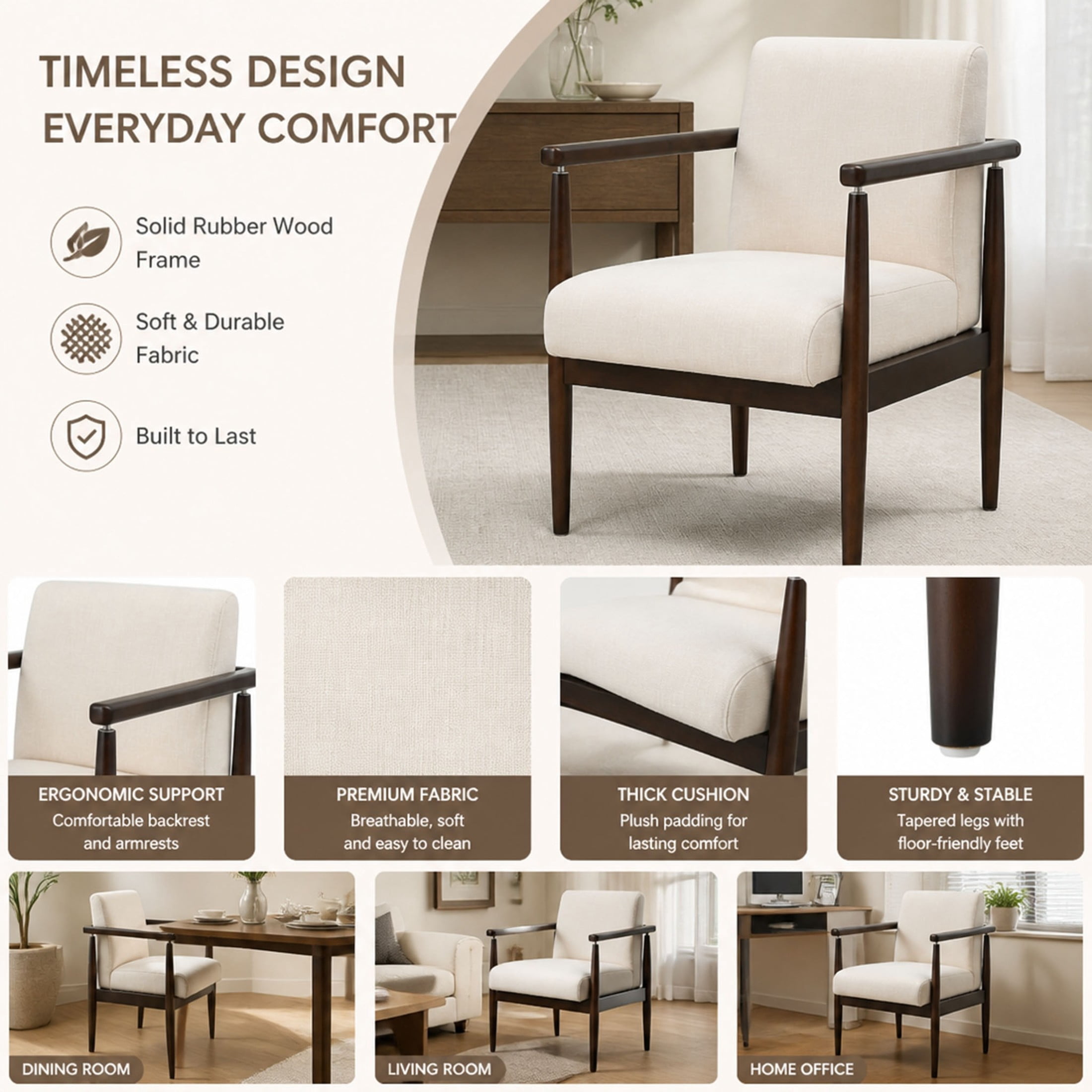 Christopher Knight Home Mid-Century Modern Upholstered Dining Armchairs, Wood Frame, Beige+Walnut, Set of 2