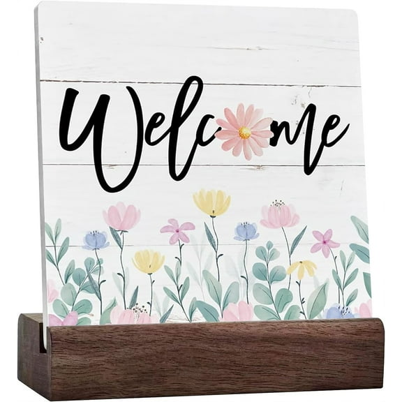 Ceramic Sign 4x4 Inch Welcome Sign Plaque Sign with Wood Stand Plaque Desk Sign Floral Decor Sign Decor Modern Farmhouse Wooden Table Decor For Front Door Entryway Living Room Bathroom Decor